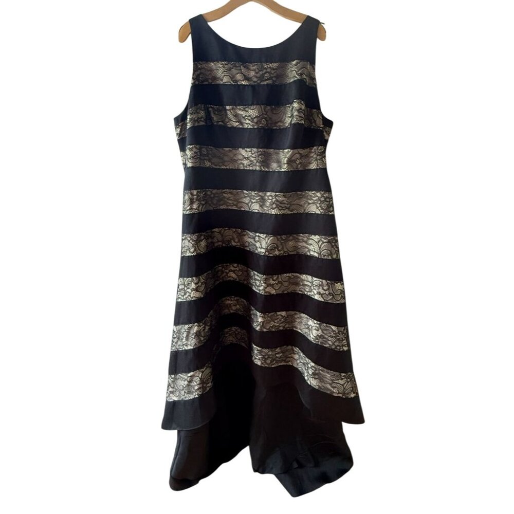 Adrianna Papell Black Silver Lace Mikado Striped Sleeveless Hi Lo Dress 22W Gown - Picture 2 of 11